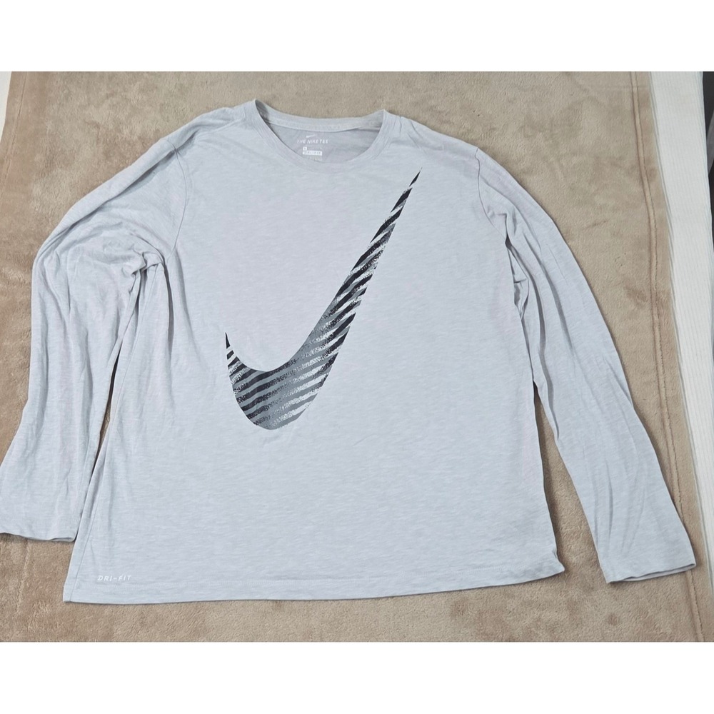 Nike Tee-Shirt Men's XL Light Gray Big Swoosh Logo Dri Fit Long Sleeve GOOD
